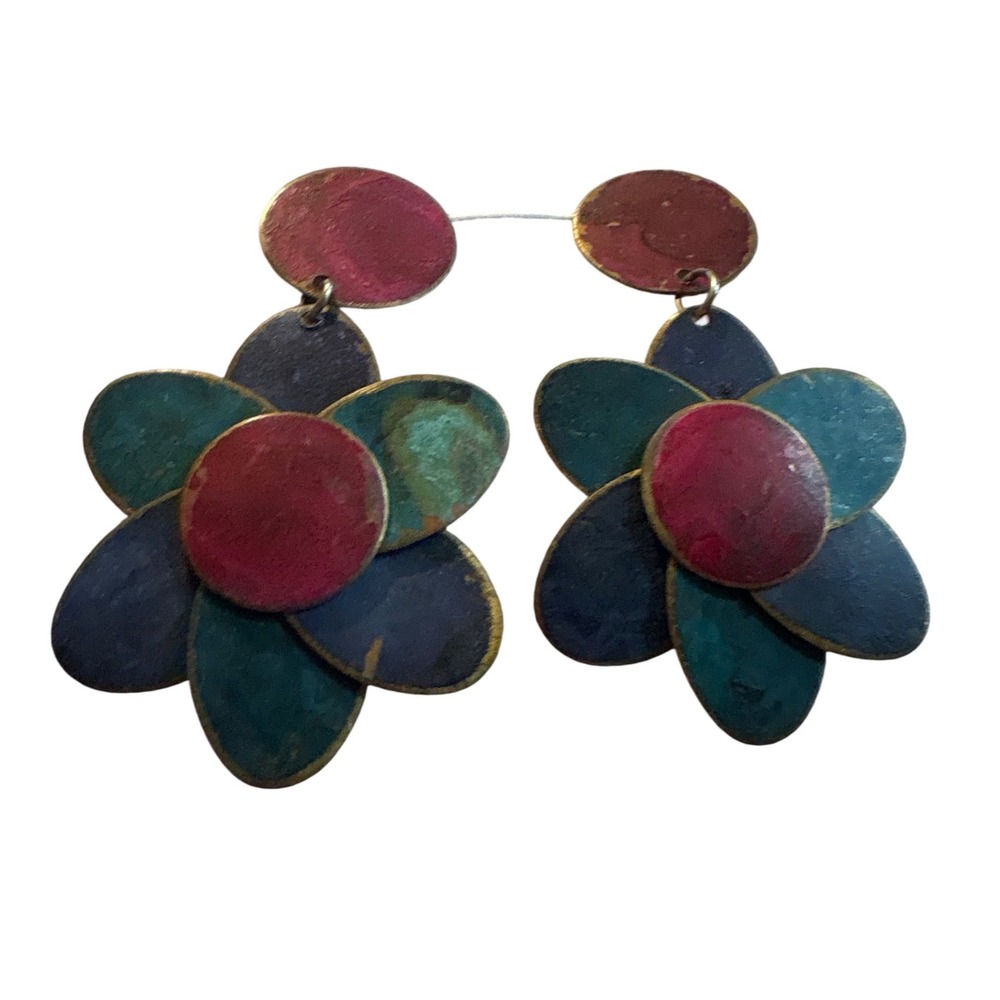 1980s Floral Drop Earrings Teal Burgundy Distressed Patina Metal Boho Pierced